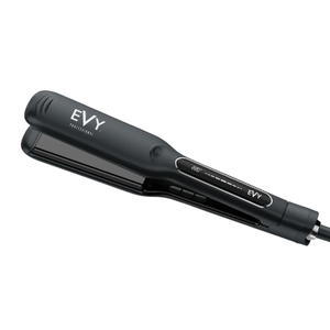 An Evy Professional OneGlide PRO wide plate straightener in black, closed and lying at an angle