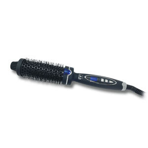 Evy Professional Restyle hot brush, a bristled black barrel on a handle with a blue digital display