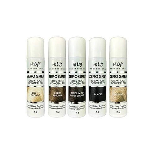 Five cans of Hi Lift Zero Grey Root Concealer, one in each shade