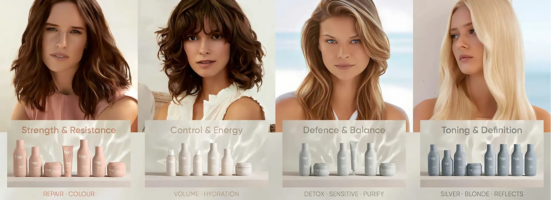 The four hop ranges — Strength and Resistance, Control and Energy, Defence and Balance, and Toning and Definition — each with a model and its bottle line up