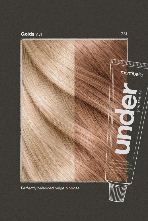 Golds 9.31 and 7.31 swatches beside an Under tube: perfectly balanced beige blondes