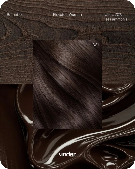 Brunette, Elevated Warmth: Under 3.61 hair swatch over dark wood and chocolate. Up to 70% less ammonia.