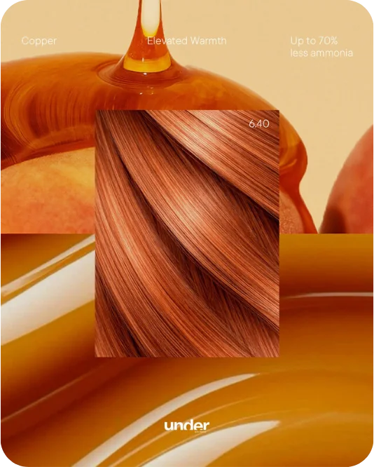 Copper, Elevated Warmth: Under 6.40 hair swatch over honey and peach. Up to 70% less ammonia.