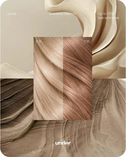Golds, Elevated Warmth: Under 9.31 and 7.31 hair swatches over cream and sandstone. Up to 70% less ammonia.