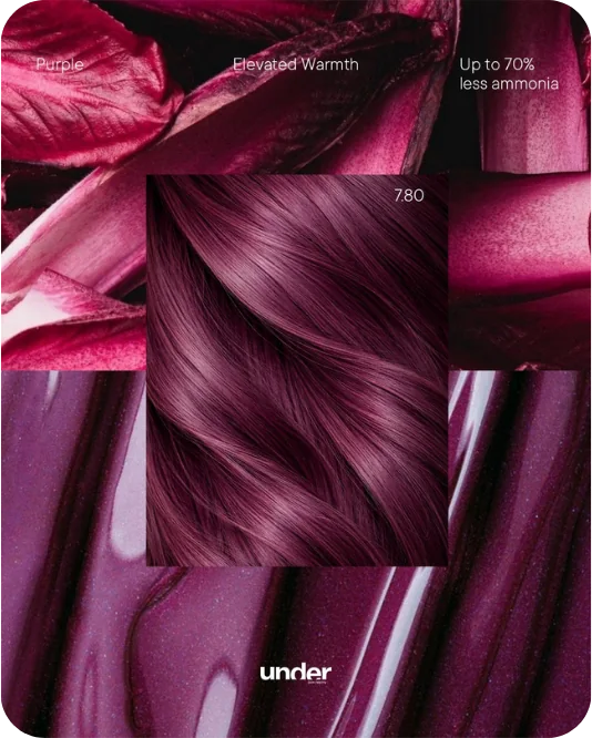 Purple, Elevated Warmth: Under 7.80 hair swatch over plum petals. Up to 70% less ammonia.