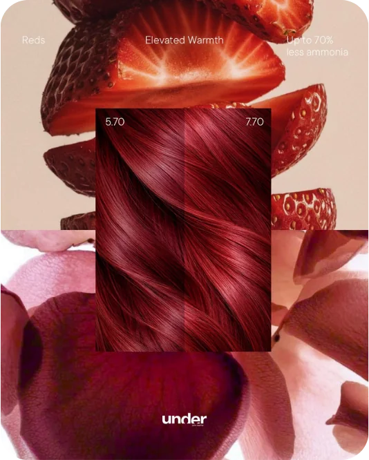 Reds, Elevated Warmth: Under 5.70 and 7.70 hair swatches over strawberries and petals. Up to 70% less ammonia.