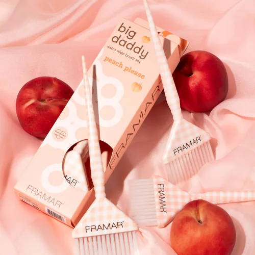 Framar Peach Please Big Daddy colour brushes in peach gingham with their box among peaches