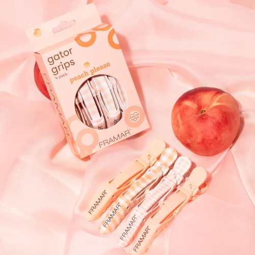 Framar Peach Please Gator Grips clips in peach gingham beside their pack and a peach
